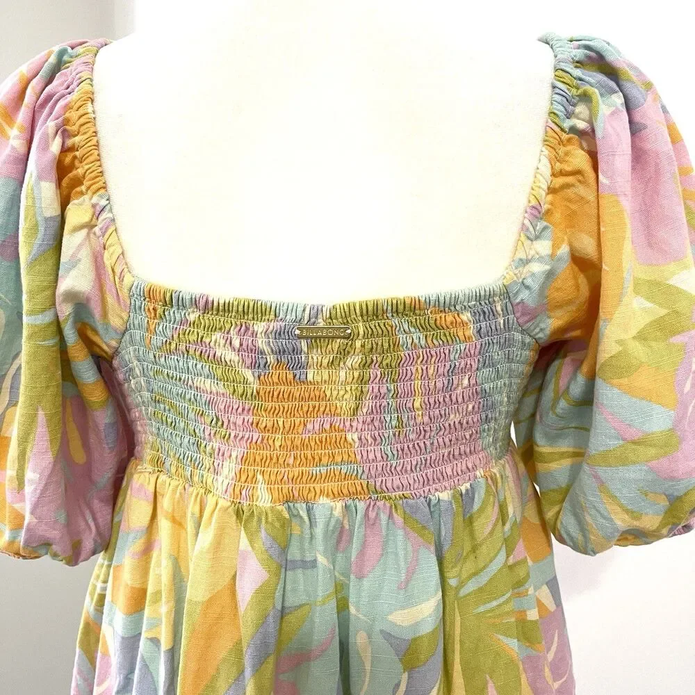 Billabong Be Mine Mini Dress Womens Medium Cotton Viscose Pastel Puff Sleeve - Picture 6 of 14